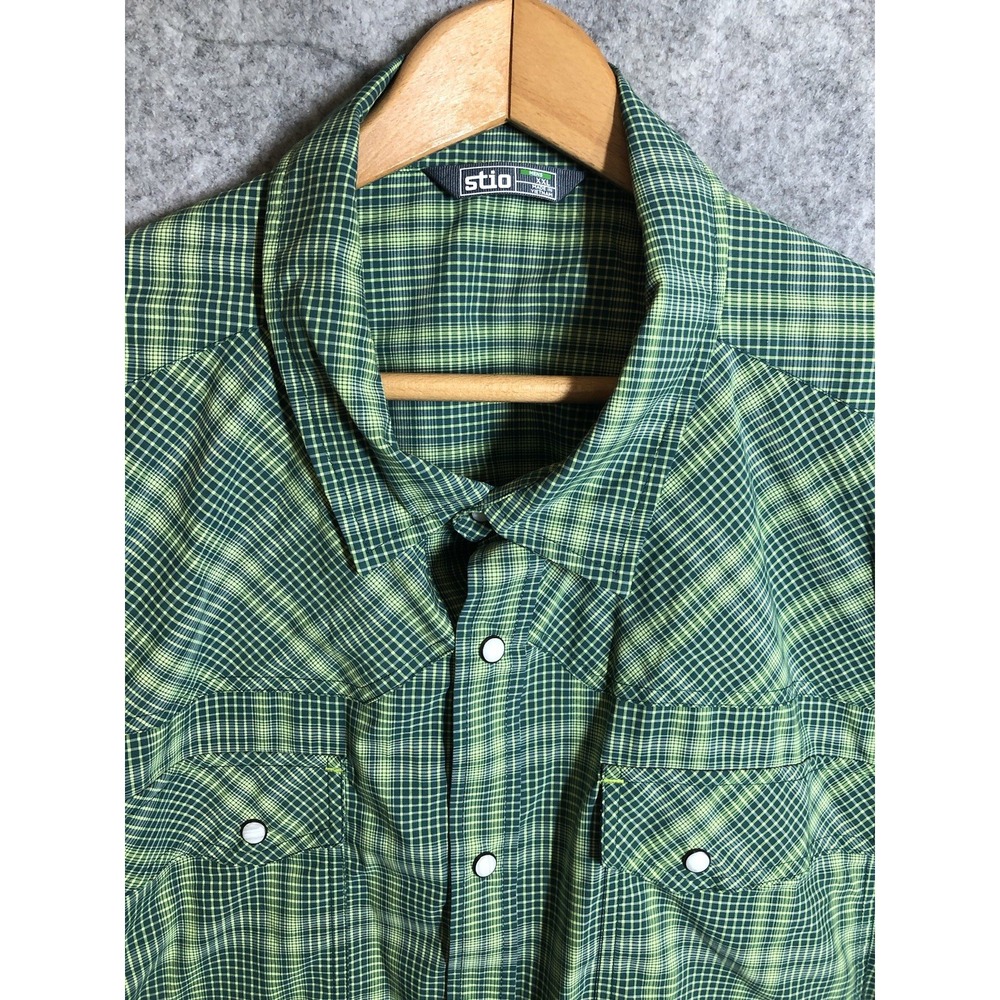 Stio Shirt Mens 2XL Green Plaid Eddy Fishing Hiking Western Pearl Snap Outdoors
